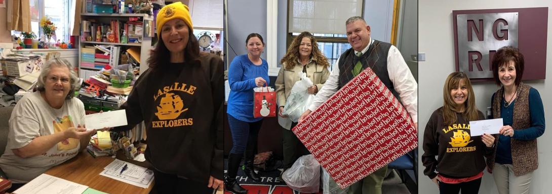 Three photos of LaSalla High School Niagara alumni giving checks and holiday presents to local community organizations.