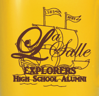 LaSalle High School logo is a brown ship on a yellow background with text that says LaSalle Explorers High School Alumnit